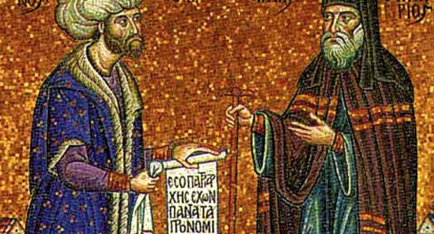 Mosaic: Ottoman Sultan Mehmed Fatih welcomes Gennadius II Scholarios (Ecumenical Patriarch of Constantinople in 1454-1464). Source: http://ru.wikipedia.org
Mosaic: Ottoman Sultan Mehmed Fatih welcomes Gennadius II Scholarios (Ecumenical Patriarch of Constantinople in 1454-1464). Source: http://ru.wikipedia.org