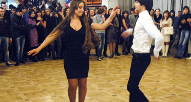 Students dancing lezginka at the first-year-students' party organized by "Elbrusoid" foundation in the Moscow Concert Hall "Izmailovsky", February 26, 2011. Students dancing lezginka at the first-year-students' party organized by "Elbrusoid" foundation in the Moscow Concert Hall "Izmailovsky", February 26, 2011.