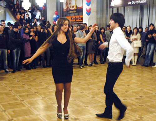Students dancing lezginka at the first-year-students' party organized by "Elbrusoid" foundation in the Moscow Concert Hall "Izmailovsky", February 26, 2011. Students dancing lezginka at the first-year-students' party organized by "Elbrusoid" foundation in the Moscow Concert Hall "Izmailovsky", February 26, 2011.