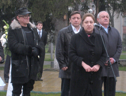 Painter Mikhail Shemyakin; Alexander Khloponin, Plenipotentiary of Russian President in the NCFD; Susanna Dudieva, Chair of the North-Ossetian Public Organization "Beslan Mothers"; and Taimuraz Mamsurov, head of the Republic of North Ossetia-Alania, at the opening ceremony of the monument to terror victims in Vladikavkaz. April 9, 2010. Courtesy of the website "Ossetia-Kvaisa" (http://osetia.kvaisa.ru/) Painter Mikhail Shemyakin; Alexander Khloponin, Plenipotentiary of Russian President in the NCFD; Susanna Dudieva, Chair of the North-Ossetian Public Organization "Beslan Mothers"; and Taimuraz Mamsurov, head of the Republic of North Ossetia-Alania, at the opening ceremony of the monument to terror victims in Vladikavkaz. April 9, 2010. Courtesy of the website "Ossetia-Kvaisa" (http://osetia.kvaisa.ru/)