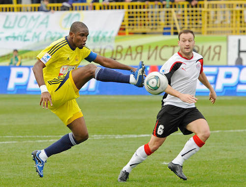 Samuel Eto'o (left), a forward of the "Anji" Football Club during a match with the "Amkar" FC, Dagestan, Makhachkala, October 29, 2011. Courtesy of the press service of the "Anji" FC, www.fc-anji.ru Samuel Eto'o (left), a forward of the "Anji" Football Club during a match with the "Amkar" FC, Dagestan, Makhachkala, October 29, 2011. Courtesy of the press service of the "Anji" FC, www.fc-anji.ru