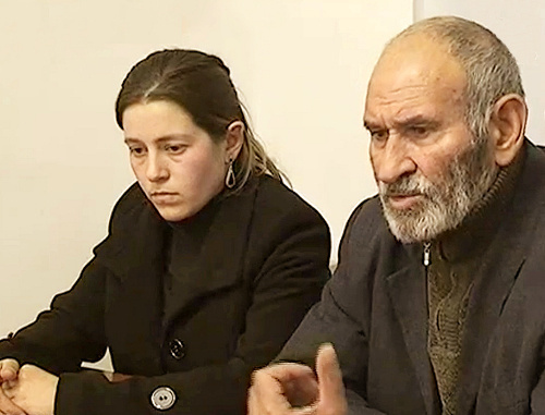 Gulnar Agaeva, the widow of Turadj Zeinalov and his father Shuriya Zeinalov at a press conference at the Institute for Reporters' Freedom and Safety (IRFS); Baku, December 5, 2011. Still from the video footage of the "Obyektiv TV Channel, www.obyektiv.tv Gulnar Agaeva, the widow of Turadj Zeinalov and his father Shuriya Zeinalov at a press conference at the Institute for Reporters' Freedom and Safety (IRFS); Baku, December 5, 2011. Still from the video footage of the "Obyektiv TV Channel, www.obyektiv.tv