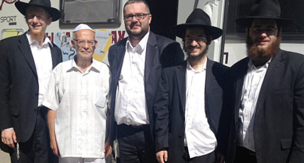 Rabbis' sons-participants of the Jewish ethnographic expedition with members of the Jewish community of the Volga region, Volgograd Region, city of Volzhsky, August 12, 2012. Courtesy of Rabbi of Volzhsky Ariel Trigger Rabbis' sons-participants of the Jewish ethnographic expedition with members of the Jewish community of the Volga region, Volgograd Region, city of Volzhsky, August 12, 2012. Courtesy of Rabbi of Volzhsky Ariel Trigger
