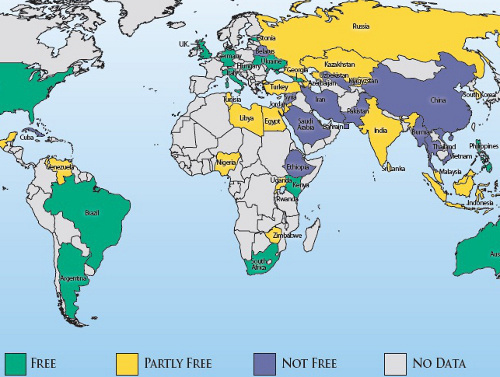 Fragment of the map of the freedom of the Internet in 2012, borrowed from the website of the human rights organization Freedom House: http://www.freedomhouse.org Fragment of the map of the freedom of the Internet in 2012, borrowed from the website of the human rights organization Freedom House: http://www.freedomhouse.org