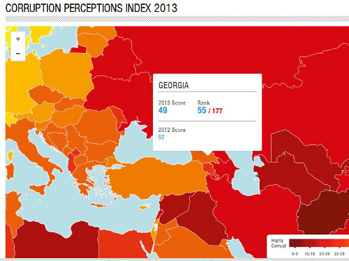 Georgia's result on the interactive map of Corruption Perceptions Index 2013, published by the international non-governmental organization "Transparency International", http://cpi.transparency.org/cpi2013/results/ Georgia's result on the interactive map of Corruption Perceptions Index 2013, published by the international non-governmental organization "Transparency International", http://cpi.transparency.org/cpi2013/results/