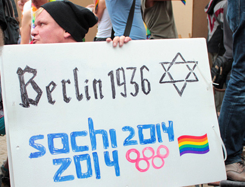 Poster against homophobia at the rally with an appeal to boycott Sochi Olympic Games. Berlin, August 31, 2013. Photo: Adam Groffmann, http://www.flickr.com/ Poster against homophobia at the rally with an appeal to boycott Sochi Olympic Games. Berlin, August 31, 2013. Photo: Adam Groffmann, http://www.flickr.com/