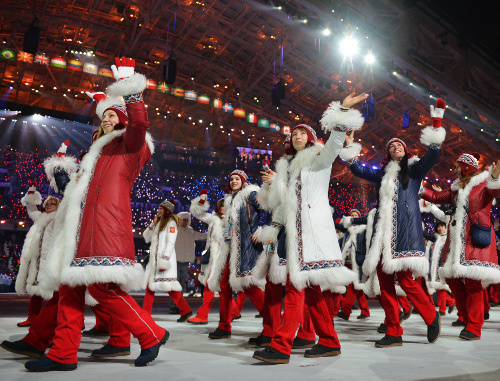 Russian team during the Parade of Nations at the Sochi 2014 Opening Ceremony, Sochi, February 7, 2014, Photo by Alexei Kudenko, RIA Novosti Russian team during the Parade of Nations at the Sochi 2014 Opening Ceremony, Sochi, February 7, 2014, Photo by Alexei Kudenko, RIA Novosti