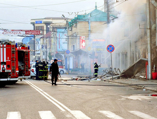 Makhachkala, October 30, 2013. After the second explosion at the liquor store on the corner of Sovetskaya and Dakhadaeva streets. Photo by the press service of the administration of Makhachkala, http://www.mkala.ru/ Makhachkala, October 30, 2013. After the second explosion at the liquor store on the corner of Sovetskaya and Dakhadaeva streets. Photo by the press service of the administration of Makhachkala, http://www.mkala.ru/
