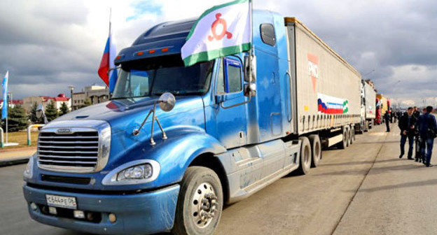One of four trucks with humanitarian aid for the people of Crimea which was sent from Magas to Simferopol. Ingushetia, March 13, 2014. Photo by the press service of the president of the republic of Ingushetia
