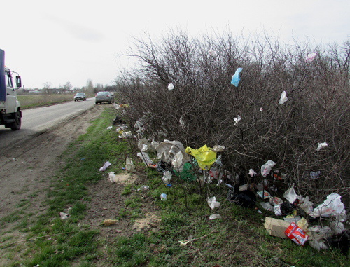 Garbage from household waste disposal covering bushes along the highway. Volgograd Region, Sredneakhtubunsky District, Zakutsky village, April 13, 2014. Photo by Vyacheslav Yaschenko for the ‘Caucasian Knot’. Garbage from household waste disposal covering bushes along the highway. Volgograd Region, Sredneakhtubunsky District, Zakutsky village, April 13, 2014. Photo by Vyacheslav Yaschenko for the ‘Caucasian Knot’.
