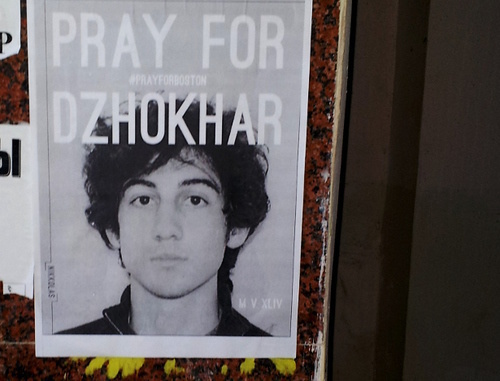Leaflet in support of Dzhokhar Tsarnaev: ‘Pray for Dzhokhar’. Grozny, April 2013. Bystander’s photo. Leaflet in support of Dzhokhar Tsarnaev: ‘Pray for Dzhokhar’. Grozny, April 2013. Bystander’s photo.
