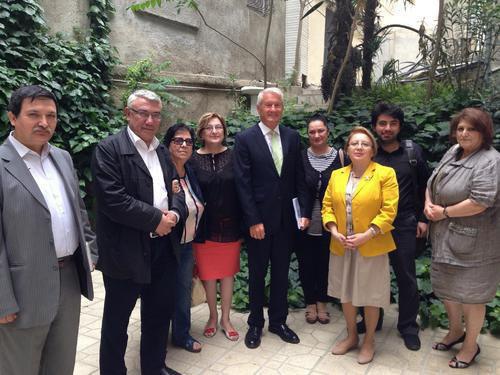 To the right: civil society activists Eldar Zeinalov, Eldar Namazov, Novella Dzhafaroglu, Saida Godzhamanly, Arzu Abdullaeva, Leyla Yunus, Emil Guseinov, Sadaat Bananyarly and Thorbjorn Jagland, the Secretary General of the Council of Europe (CoE) (in the centre) in the yard of the Baku office of the CoE. May 20, 2014. Photo by IRFS To the right: civil society activists Eldar Zeinalov, Eldar Namazov, Novella Dzhafaroglu, Saida Godzhamanly, Arzu Abdullaeva, Leyla Yunus, Emil Guseinov, Sadaat Bananyarly and Thorbjorn Jagland, the Secretary General of the Council of Europe (CoE) (in the centre) in the yard of the Baku office of the CoE. May 20, 2014. Photo by IRFS