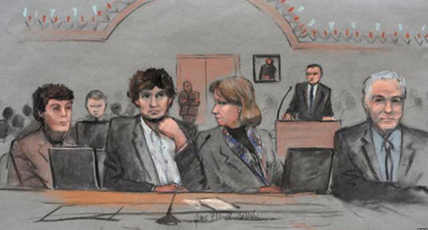 Tsarnaev and his advocated in the court room. Photo: http://www.svoboda.org/content/tsarnaev-trial/26884827.html