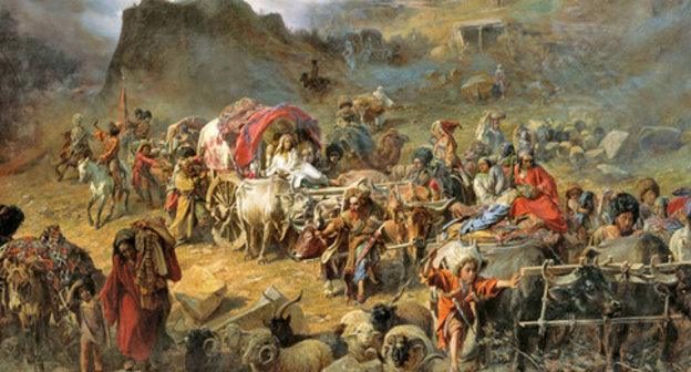 Highlanders leaving their aul (village) (Pyotr Gruzinsky). Pyotr Nikolayevich Gruzinsky (1837-1892). Фото https://ru.wikipedia.org/