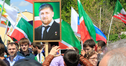 Portrait of Kadyrov at the May Day demonstration in Grozny, 2015. Photo by Magomed Magomedov for the ‘Caucasian Knot’. Portrait of Kadyrov at the May Day demonstration in Grozny, 2015. Photo by Magomed Magomedov for the ‘Caucasian Knot’.