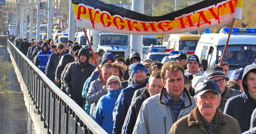 The participants of the "Russian March" in Volgograd. November 4, 2015. Photo by Vyacheslav Yaschenko for the "Caucasian Knot" The participants of the "Russian March" in Volgograd. November 4, 2015. Photo by Vyacheslav Yaschenko for the "Caucasian Knot"