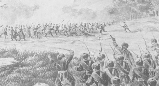 Fragment of picture "Liquidation of Eight Auls in Ubin River Valley" (during Russian-Caucasian War). From Album of Tengin Regiment, pages 94-95. Source: Moscow State Historical Museum. Borrowed from http://circassiangenocide.org Fragment of picture "Liquidation of Eight Auls in Ubin River Valley" (during Russian-Caucasian War). From Album of Tengin Regiment, pages 94-95. Source: Moscow State Historical Museum. Borrowed from http://circassiangenocide.org