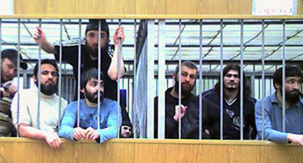 Defendants in the case of the attack on Nalchik on October 13, 2005, during a court session, Nalchik, Kabardino-Balkaria, 2011. Photo is provided by Mariam Akhmetova, member of Committee ‘Mothers of Kabardino-Balkaria in defense of people’s rights and freedoms’. Defendants in the case of the attack on Nalchik on October 13, 2005, during a court session, Nalchik, Kabardino-Balkaria, 2011. Photo is provided by Mariam Akhmetova, member of Committee ‘Mothers of Kabardino-Balkaria in defense of people’s rights and freedoms’.