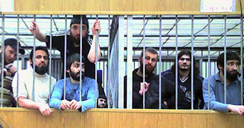 Defendants in the case of the attack on Nalchik on October 13, 2005, during a court session, Nalchik, Kabardino-Balkaria, 2011. Photo is provided by Mariam Akhmetova, member of Committee ‘Mothers of Kabardino-Balkaria in defense of people’s rights and freedoms’. Defendants in the case of the attack on Nalchik on October 13, 2005, during a court session, Nalchik, Kabardino-Balkaria, 2011. Photo is provided by Mariam Akhmetova, member of Committee ‘Mothers of Kabardino-Balkaria in defense of people’s rights and freedoms’.