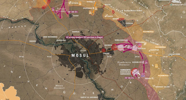 A map of the military activities near the eastern half of Mosul. Photo https://southfront.org/wp-content/uploads/2016/08/mosul-frontline-and-forces.png A map of the military activities near the eastern half of Mosul. Photo https://southfront.org/wp-content/uploads/2016/08/mosul-frontline-and-forces.png