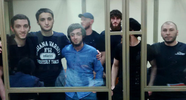 The figurants in KBR’s caliphate case: Islam Shogenov, Kantemir Zheldashev, Ruslan Kipshiev, Zaur Tekuzhev, Ruslan Zhugov, Oleg Miskhozhev, and Artur Karov (from left to right). Photo courtesy of Ruslan Uzuev The figurants in KBR’s caliphate case: Islam Shogenov, Kantemir Zheldashev, Ruslan Kipshiev, Zaur Tekuzhev, Ruslan Zhugov, Oleg Miskhozhev, and Artur Karov (from left to right). Photo courtesy of Ruslan Uzuev
