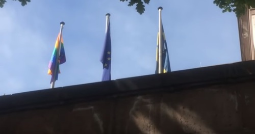 An LGBT flag among other flags near the building of the British Embassy in Yerevan. Armenia, May 2017. Screenshot of a video https://www.youtube.com/watch?v=MfMLrlgiaLM An LGBT flag among other flags near the building of the British Embassy in Yerevan. Armenia, May 2017. Screenshot of a video https://www.youtube.com/watch?v=MfMLrlgiaLM