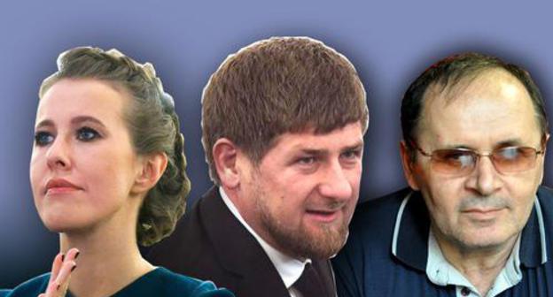 Ksenia Sobchak, Ramzan Kadyrov, and Oyub Titiev. Collage by the "Caucasian Knot". Photo: REUTERS/Maxim Shemetov, REUTERS/Sergei Karpukhin, Mariya Shischenkova, press service of the HRC "Memorial" Ksenia Sobchak, Ramzan Kadyrov, and Oyub Titiev. Collage by the "Caucasian Knot". Photo: REUTERS/Maxim Shemetov, REUTERS/Sergei Karpukhin, Mariya Shischenkova, press service of the HRC "Memorial"