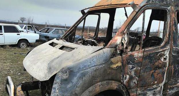 Burnt car of the Joint Mobile Group, March 10, 2016. Photo courtesy of Djambulat Ozdoev Burnt car of the Joint Mobile Group, March 10, 2016. Photo courtesy of Djambulat Ozdoev