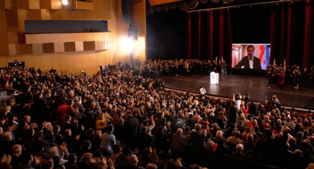 Mikhail Saakashvili's speech for the UNM supporters via Skype in Tbilisi. Photo by the press service of the party
https://www.facebook.com/nacionalurimodzraoba/videos/372906620120619/