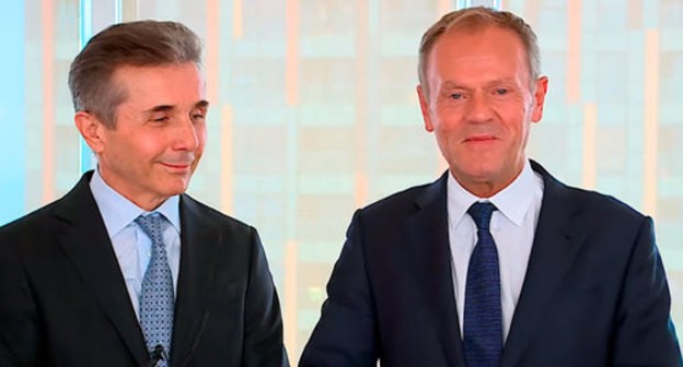 Donald Tusk, the President of the European Council, held a meeting with Bidzina Ivanishvili, the leader and founder of the ruling "Georgian Dream" Party (on the left). Photo: screenshot of the video by Georgian Broadcaster Donald Tusk, the President of the European Council, held a meeting with Bidzina Ivanishvili, the leader and founder of the ruling "Georgian Dream" Party (on the left). Photo: screenshot of the video by Georgian Broadcaster