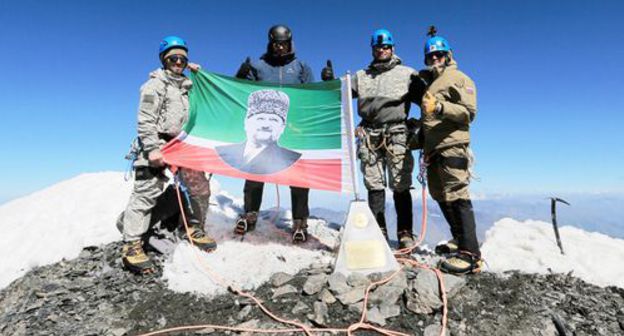 A group of climbers at the peak of the highest mountain in Chechnya on August 29, 2019. Photo by the press service of the government of Chechnya http://chechnya.gov.ru/novosti/komanda-rossijskogo-universiteta-spetsnaza-pokorila-vershinu-tebulosmta/ A group of climbers at the peak of the highest mountain in Chechnya on August 29, 2019. Photo by the press service of the government of Chechnya http://chechnya.gov.ru/novosti/komanda-rossijskogo-universiteta-spetsnaza-pokorila-vershinu-tebulosmta/