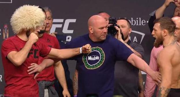 Khabib Nurmagomedov (left) and Conor McGregor. Photo: ESPN https://www.youtube.com/watch?v=CGWb1DRo_mo&feature=youtu.be Khabib Nurmagomedov (left) and Conor McGregor. Photo: ESPN https://www.youtube.com/watch?v=CGWb1DRo_mo&feature=youtu.be