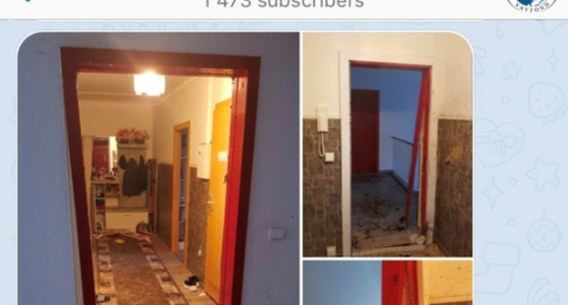 A door blown up by German law enforcers during searches at an apartment of one of the Chechen natives. Screenshot of the post in Telegram Channel made by Vaifond human rights association. https://t.me/vayfond/1694 A door blown up by German law enforcers during searches at an apartment of one of the Chechen natives. Screenshot of the post in Telegram Channel made by Vaifond human rights association. https://t.me/vayfond/1694