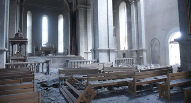 A damaged cathedral in the city of Shushi, October 8, 2020. Photo: Արցախի Տեղեկատվական շտաբ / NKR InfoCenter A damaged cathedral in the city of Shushi, October 8, 2020. Photo: Արցախի Տեղեկատվական շտաբ / NKR InfoCenter