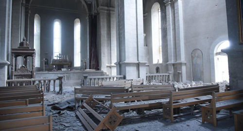 A damaged cathedral in the city of Shushi, October 8, 2020. Photo: Արցախի Տեղեկատվական շտաբ / NKR InfoCenter A damaged cathedral in the city of Shushi, October 8, 2020. Photo: Արցախի Տեղեկատվական շտաբ / NKR InfoCenter
