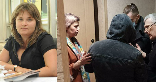 Journalist Yelena Milashina; law enforcers talk to the Yangulbaev family. Collage by the "Caucasian Knot". Photo: https://www.dw.com/ru, https://www.dw.com/ru/журналистка-елена-милашина-подала-заявление-на-кадырова/a-53236002 Journalist Yelena Milashina; law enforcers talk to the Yangulbaev family. Collage by the "Caucasian Knot". Photo: https://www.dw.com/ru, https://www.dw.com/ru/журналистка-елена-милашина-подала-заявление-на-кадырова/a-53236002