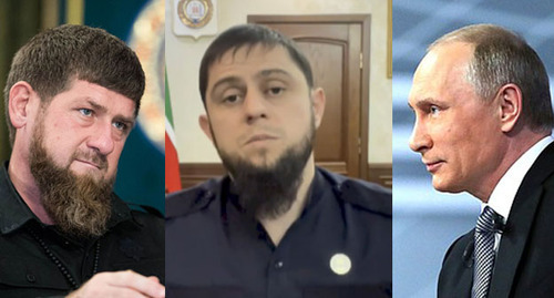Ramzan Kadyrov; Akhmed Dudaev, the Minister of Information of Chechnya, reported on February 7 that Chechen authorities were no longer going to comment the statements made by opponents of regional authorities; Vladimir Putin (from left to right). Collage by the "Caucasian Knot". Photos: kremlin.ru, Grozny Inform, screenshot of the video https://www.instagram.com/p/CZrvm6EDZ-a/" Ramzan Kadyrov; Akhmed Dudaev, the Minister of Information of Chechnya, reported on February 7 that Chechen authorities were no longer going to comment the statements made by opponents of regional authorities; Vladimir Putin (from left to right). Collage by the "Caucasian Knot". Photos: kremlin.ru, Grozny Inform, screenshot of the video https://www.instagram.com/p/CZrvm6EDZ-a/"