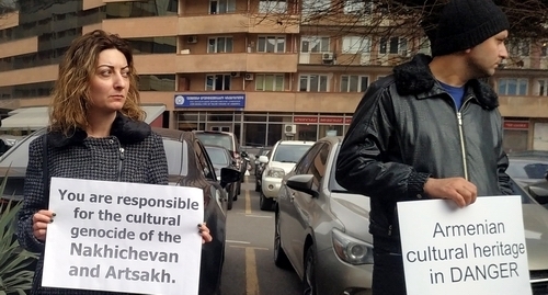 Activists demand from the UN to ensure preservation of the Armenian cultural heritage in the territories controlled by Azerbaijan. Yerevan, February 16, 2022. Photo by Armine Martirosyan for the Caucasian Knot Activists demand from the UN to ensure preservation of the Armenian cultural heritage in the territories controlled by Azerbaijan. Yerevan, February 16, 2022. Photo by Armine Martirosyan for the Caucasian Knot