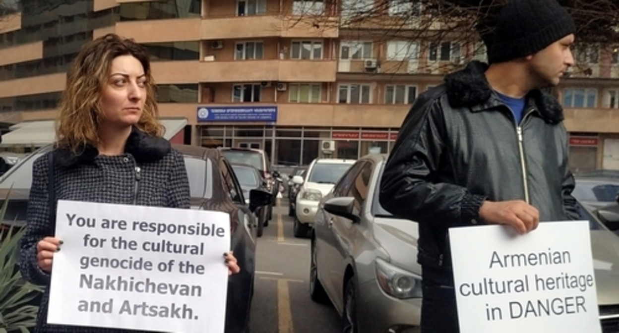 Activists demand from the UN to ensure preservation of the Armenian cultural heritage in the territories controlled by Azerbaijan. Yerevan, February 16, 2022. Photo by Armine Martirosyan for the Caucasian Knot Activists demand from the UN to ensure preservation of the Armenian cultural heritage in the territories controlled by Azerbaijan. Yerevan, February 16, 2022. Photo by Armine Martirosyan for the Caucasian Knot