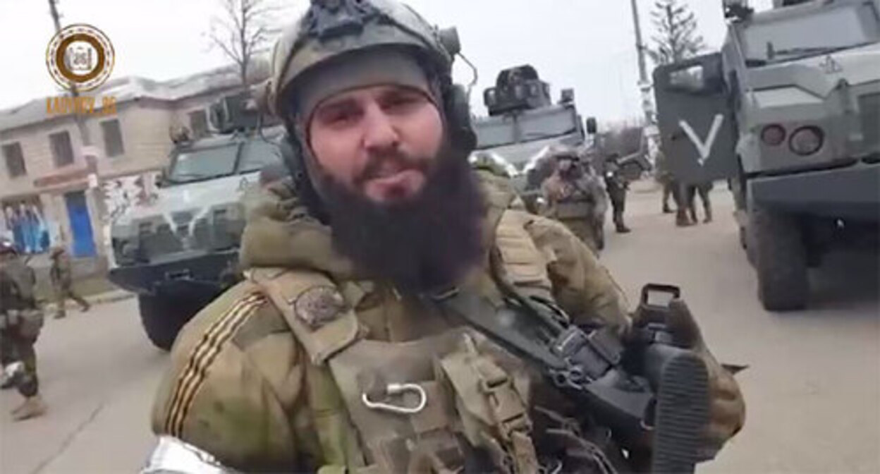 Khussein Mezhidov makes a report for Ramzan Kadyrov. Screnshot of the video published on the Telegram channel of the leader of Chechnya https://t.me/s/RKadyrov_95 Khussein Mezhidov makes a report for Ramzan Kadyrov. Screnshot of the video published on the Telegram channel of the leader of Chechnya https://t.me/s/RKadyrov_95