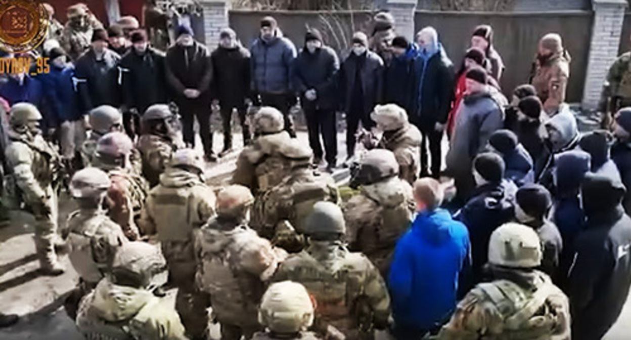 Screenshot of a video of the conversation of Chechen law enforcers with residents of a Ukrainian dwelling settlement https://vk.com/ramzan?w=wall279938622_751475 Screenshot of a video of the conversation of Chechen law enforcers with residents of a Ukrainian dwelling settlement https://vk.com/ramzan?w=wall279938622_751475