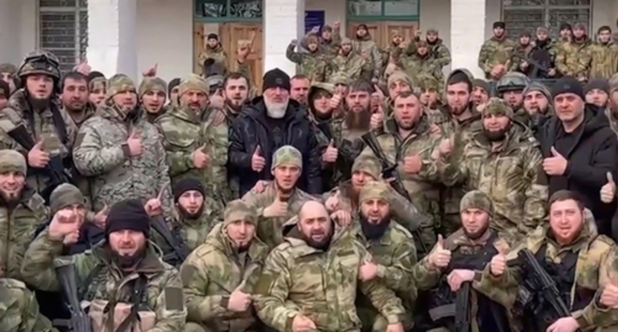 Chechen fighters of the "Rosgvardiya" (Russian National Guard) in Ukraine. Screenshot of the video on Ramzan Kadyrov's channel https://vk.com/ramzan?z=video279938622_456245007%2Fpl_279938622_-2 Chechen fighters of the "Rosgvardiya" (Russian National Guard) in Ukraine. Screenshot of the video on Ramzan Kadyrov's channel https://vk.com/ramzan?z=video279938622_456245007%2Fpl_279938622_-2