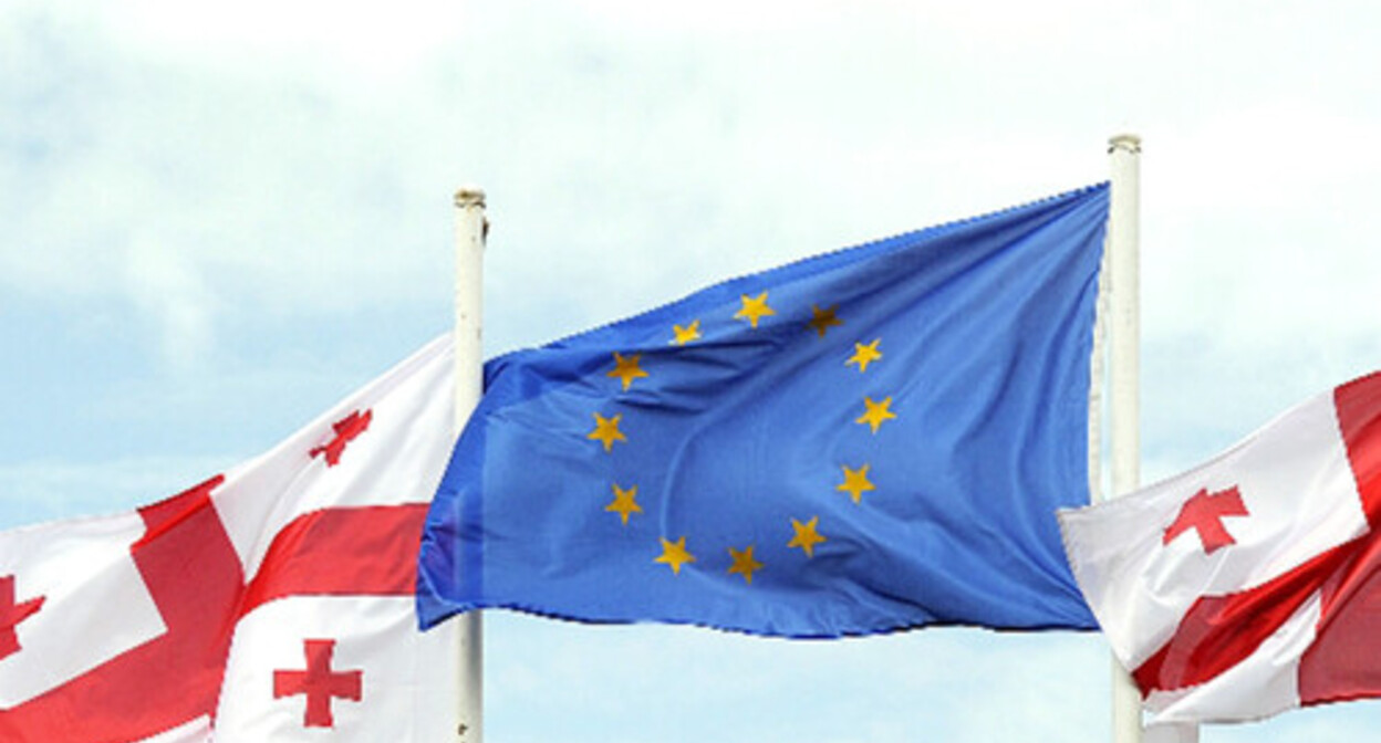 Flags of Georgia and Ukraine. Image made from video posted at: https://mir24.tv/news/15895126 Flags of Georgia and Ukraine. Image made from video posted at: https://mir24.tv/news/15895126