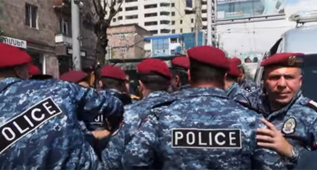 Police officers during a protest in Yerevan. April 25, 2022 Image made from video posted by the Caucasian Knot: https://www.youtube.com/watch?v=bf_ejl2vVS8 Police officers during a protest in Yerevan. April 25, 2022 Image made from video posted by the Caucasian Knot: https://www.youtube.com/watch?v=bf_ejl2vVS8