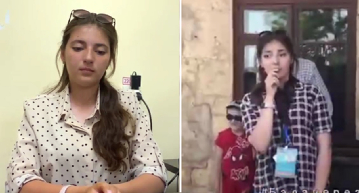 A female guide apologizes for her behaviour, a fragment of the excursion. Image made from video posted at: https://t.me/derbent_museum/1091; https://t.me/askrasul/28547 A female guide apologizes for her behaviour, a fragment of the excursion. Image made from video posted at: https://t.me/derbent_museum/1091; https://t.me/askrasul/28547
