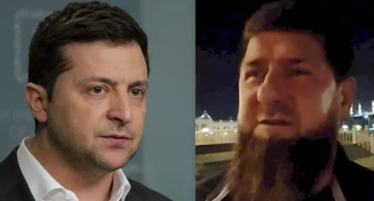 Vladimir Zelensky (on the left) and Ramzan Kadyrov during a video appeal. Screenshot of the video by Kadyrov_95 Photo: CC BY-SA 4.0 / the Office of the President of Ukraine Vladimir Zelensky (on the left) and Ramzan Kadyrov during a video appeal. Screenshot of the video by Kadyrov_95 Photo: CC BY-SA 4.0 / the Office of the President of Ukraine
