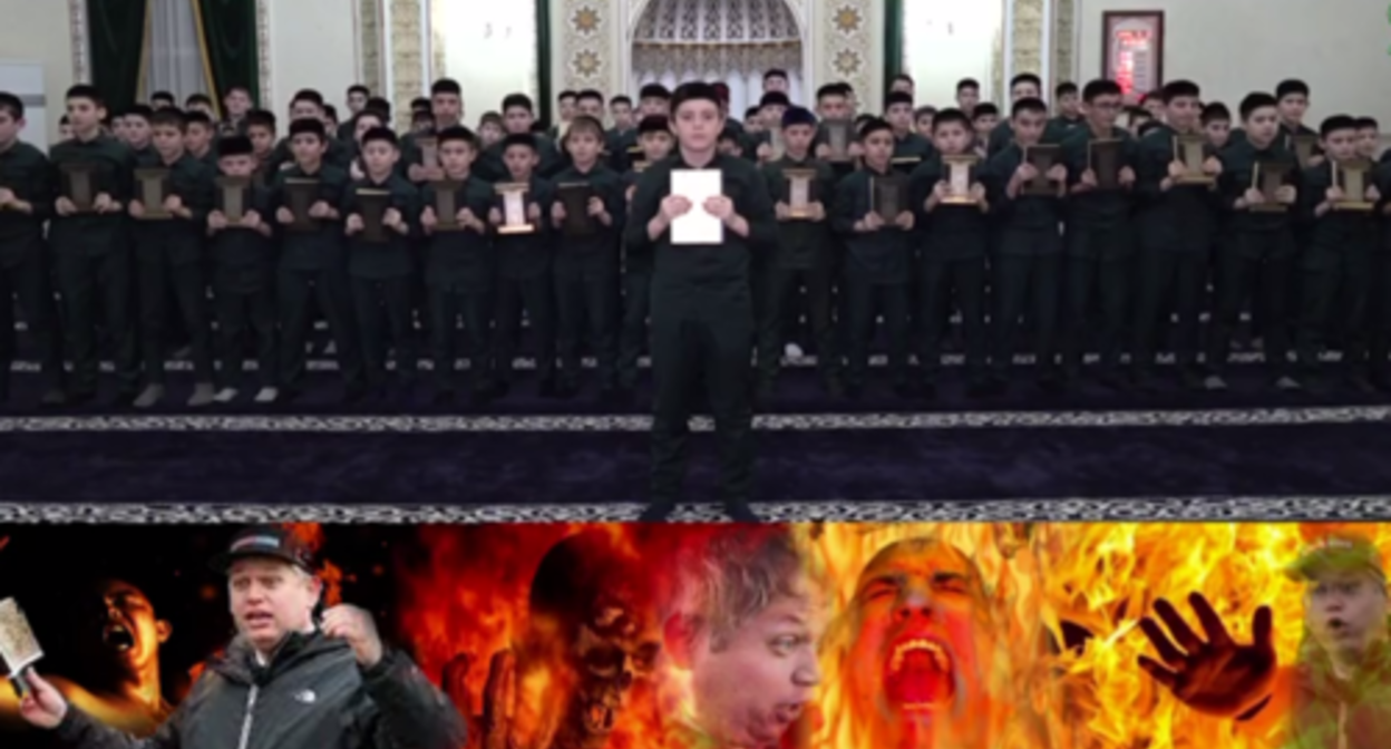 An action with the mass participation of children speaking out in defence of the Koran held in Chechnya. Screenshot of the video posted on Ramzan Kadyrov's Telegram channel https://t.me/RKadyrov_95/3312 An action with the mass participation of children speaking out in defence of the Koran held in Chechnya. Screenshot of the video posted on Ramzan Kadyrov's Telegram channel https://t.me/RKadyrov_95/3312