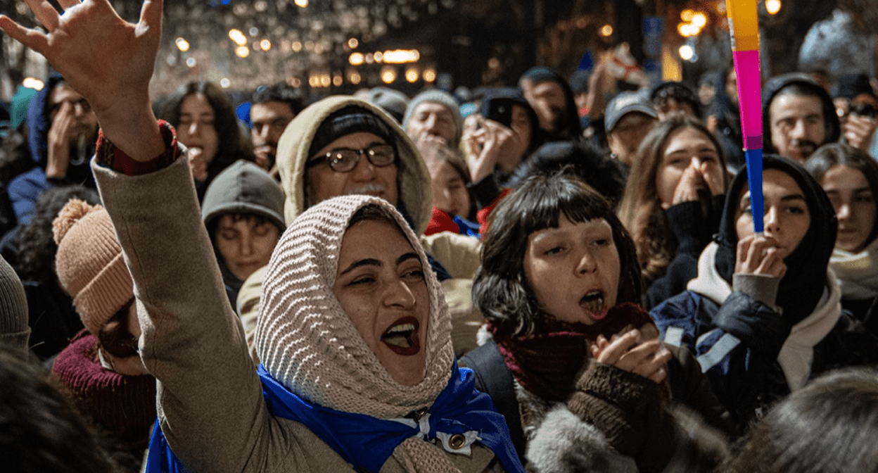 Protesters near the Georgian Parliament. Screenshot of a photo posted by Publika on January 22, 2025, https://www.facebook.com/photo?fbid=1353914396008107&amp;set=pcb.1353914472674766 the activities of the Meta Company, owning Facebook, are banned in Russia