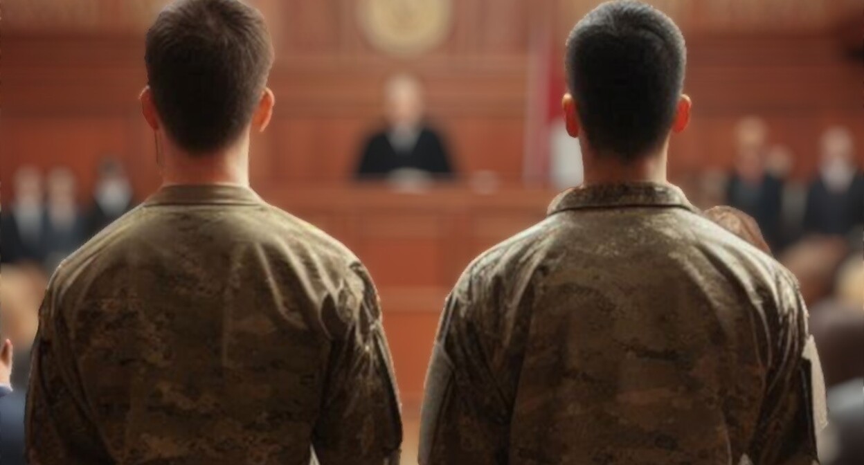 Military servicemen in a court. Picture made in Copilot by the "Caucasian Knot"