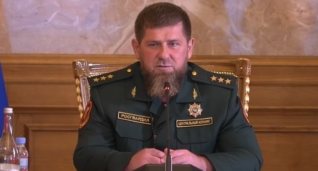 Ramzan Kadyrov at a meeting on April 8. Screenshot of a video posted by Kadyrov's press service https://t.me/RKadyrov_95/5636